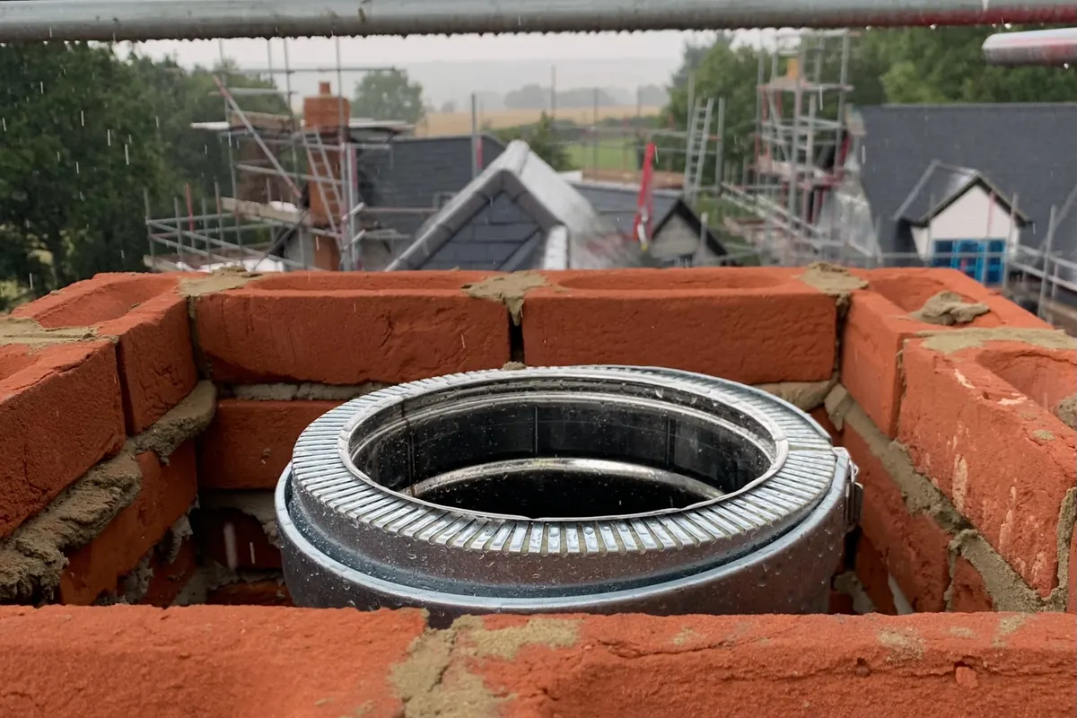 Insulated flue liner installation at chimney stack in Canterbury during rebuild