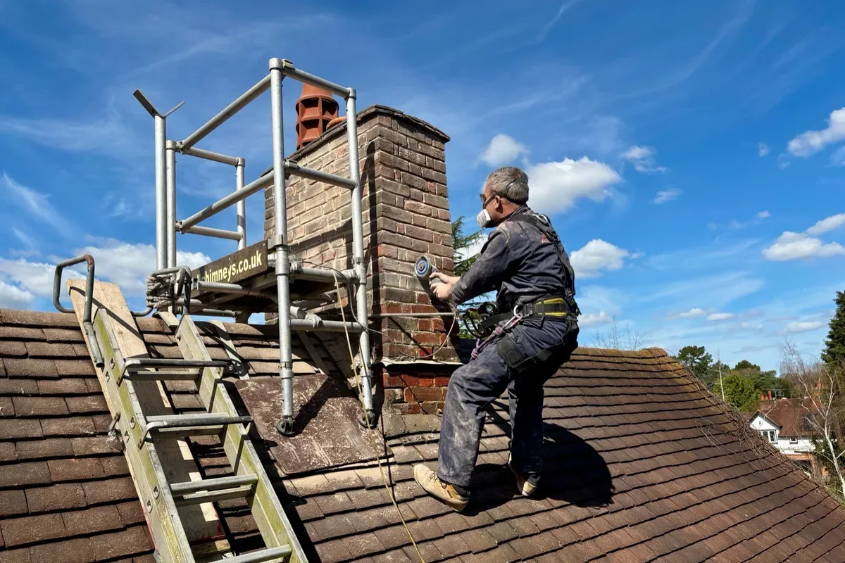 Chimney repair and pointing carried out using safe rope access and a chimney platform in Herne Bay, Kent